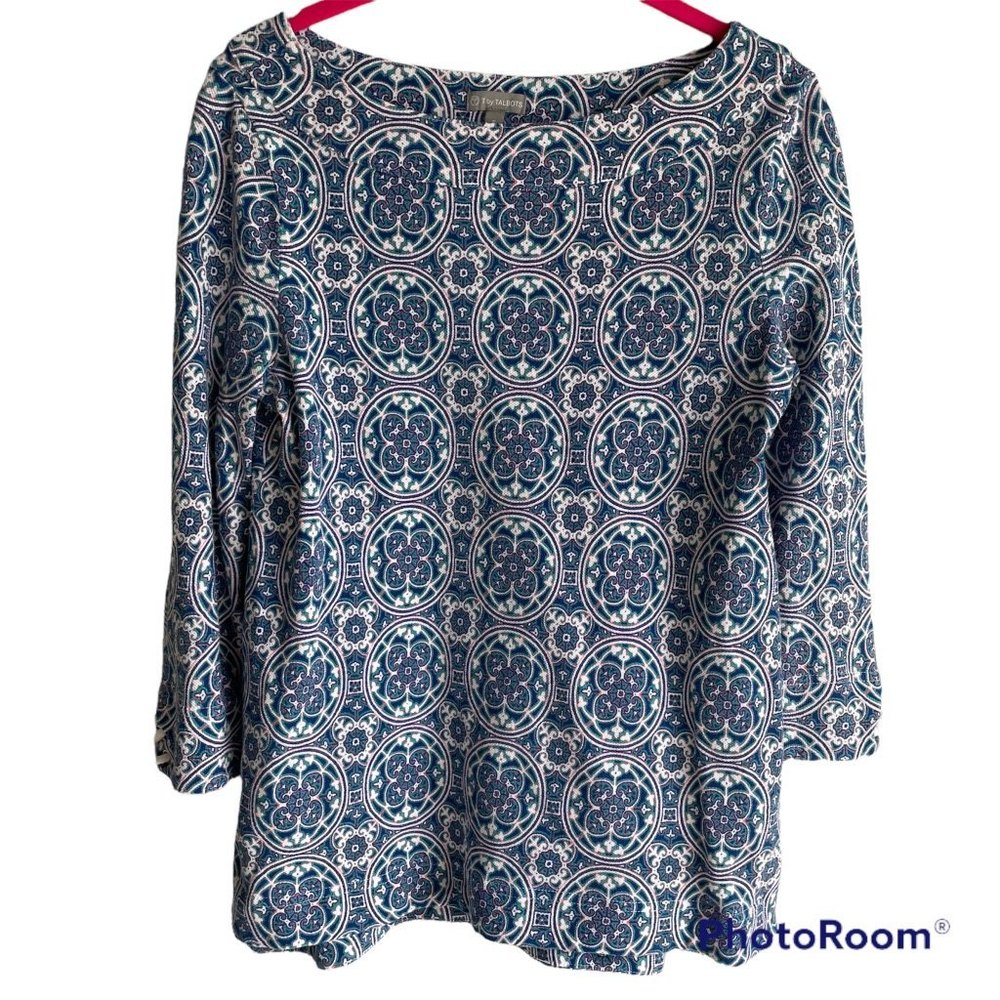 T by‎ Talbots Ladies Multicolor Medallion Boatneck 3/4 Length Casual Tee, S